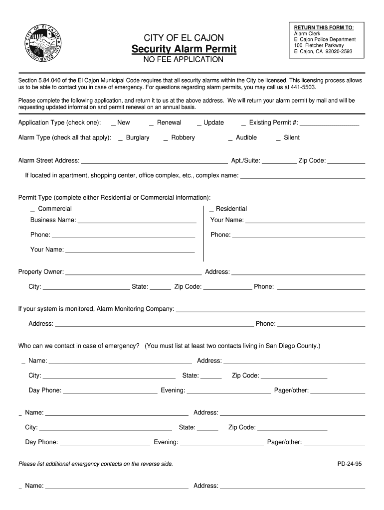 CITY of EL CAJON Security Alarm Permit El Cajon, CA 92020  Form