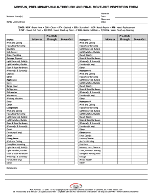 MOVE IN, PRELIMINARY WALK through and FINAL MOVE OUT INSPECTION FORM