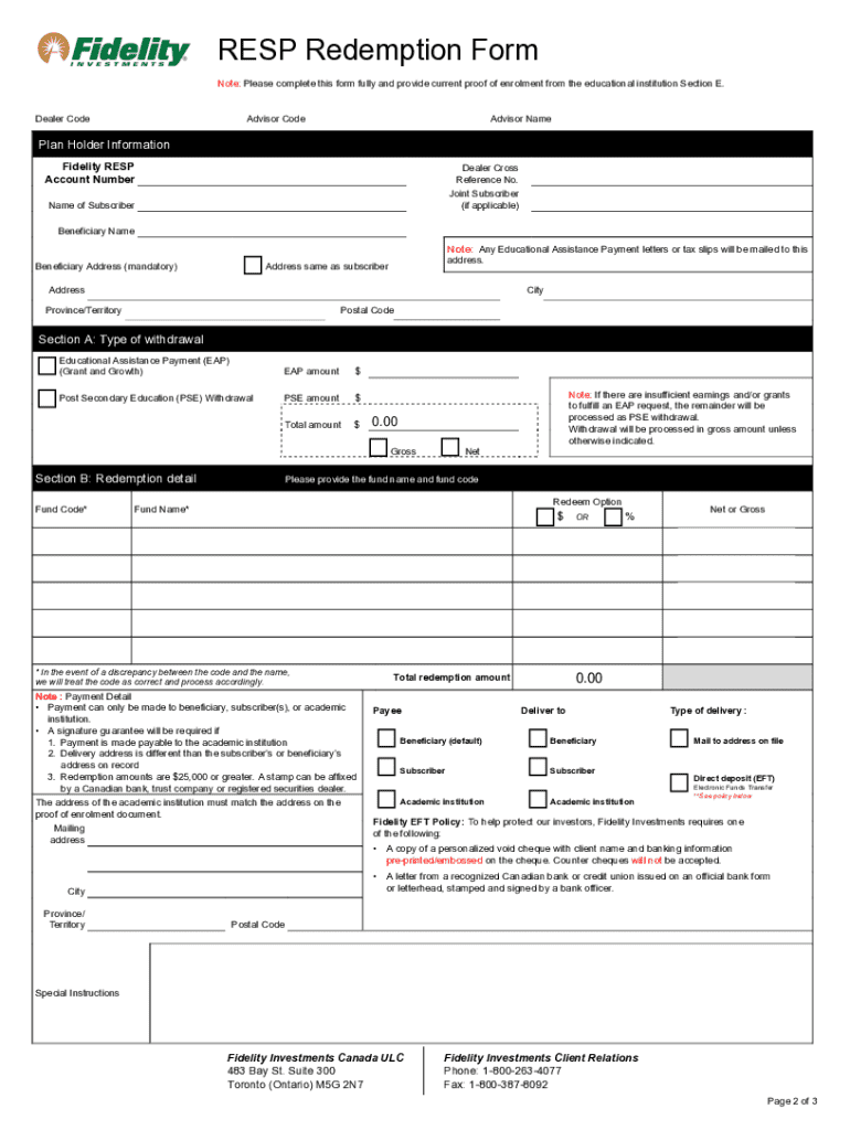  RESP Redemption Form Fidelity Ca 2016
