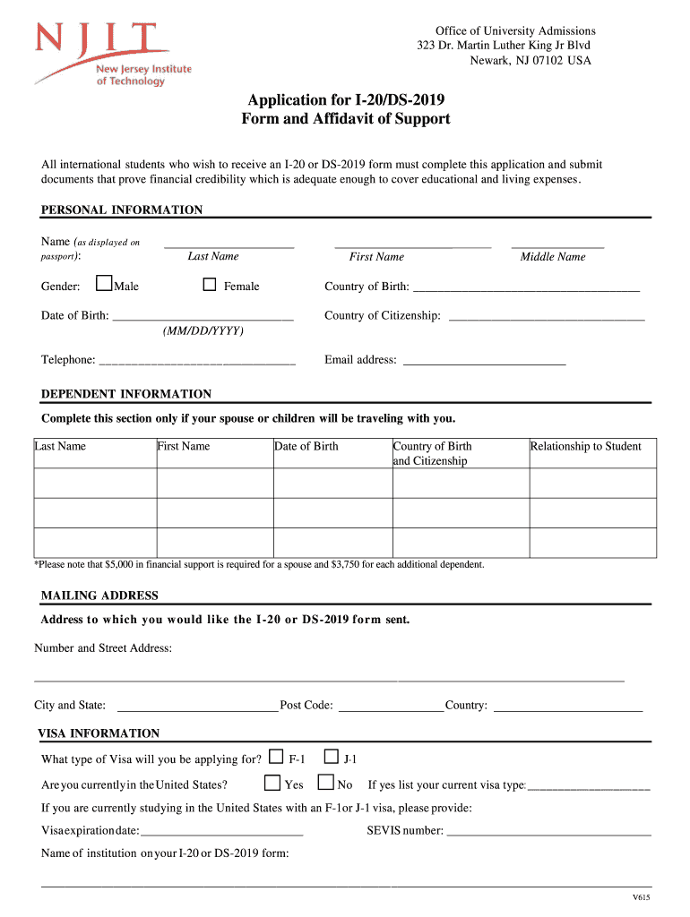  Application for I 20DS Form and Affidavit of Support Njit 2015-2023