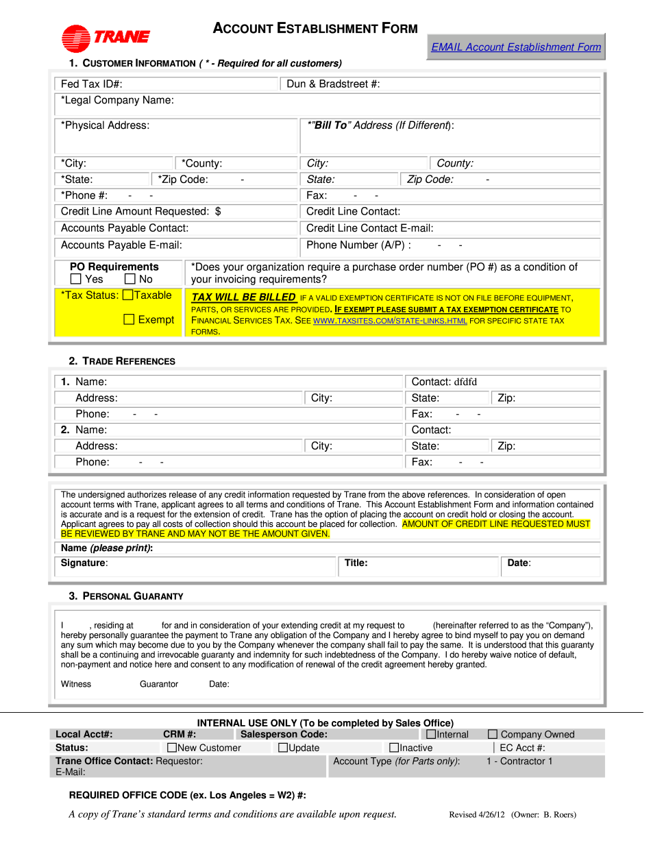  Account Establishment Form Trane Supply 2012-2024