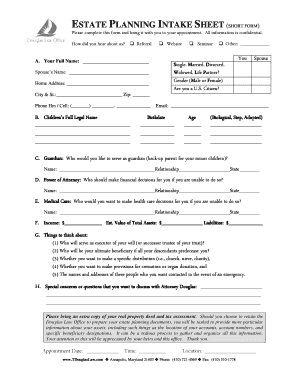 ESTATE PLANNING INTAKE SHEET SHORT FORM