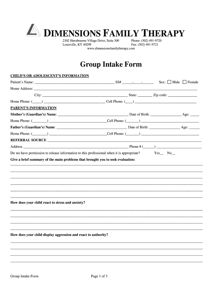 Group Intake Form Dimensions Family Therapy