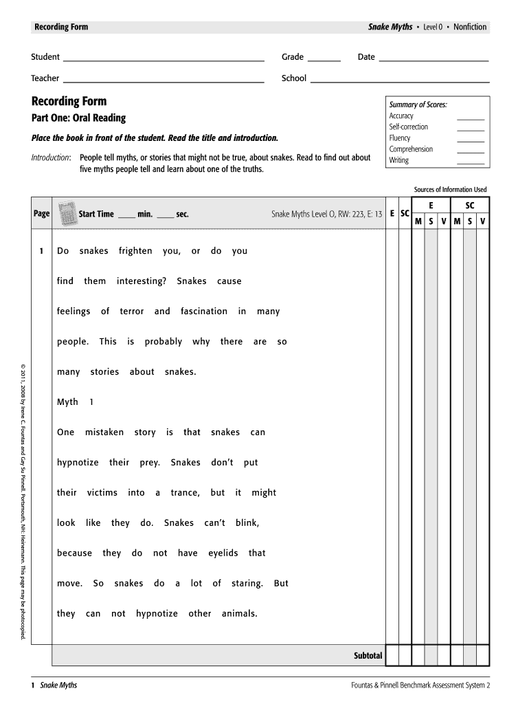 Snake Myths Fountas and Pinnell  Form