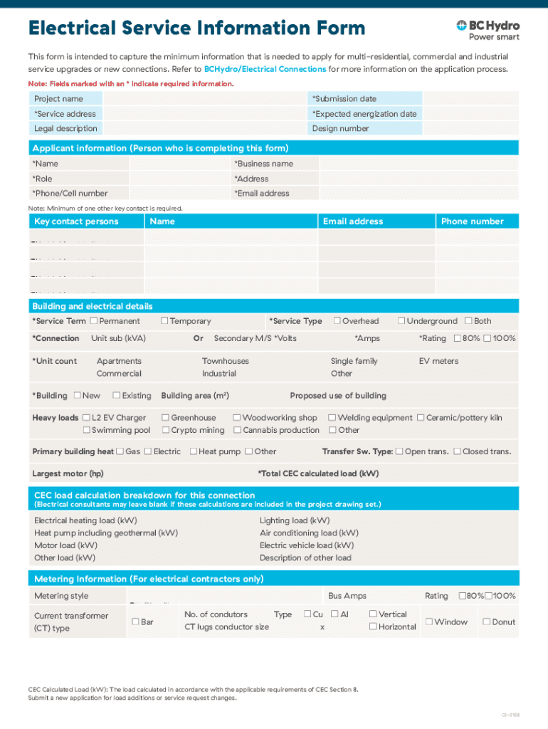  BC Hydro Customer Guide Electric Service Connections Information Form 2022-2024