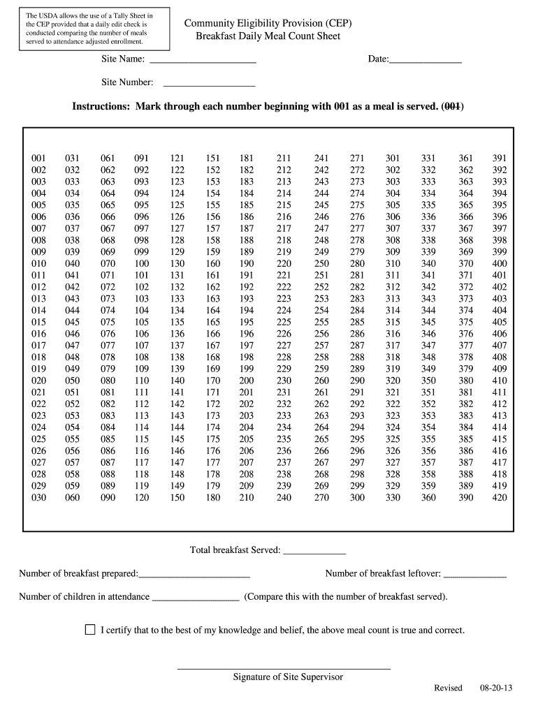 Community Eligibility Provision CEP Breakfast Daily Meal  Form