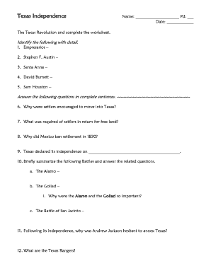 Texas Revolution Worksheet PDF  Form