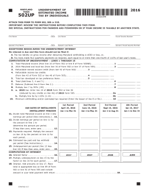  Maryland and Underpayment of Estimated Income Tax by Individuals Form 2016