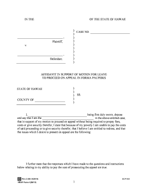 Affidavit in Support of Motion for Leave to Proceed on Appeal in Forma Pauperis Courts State Hi