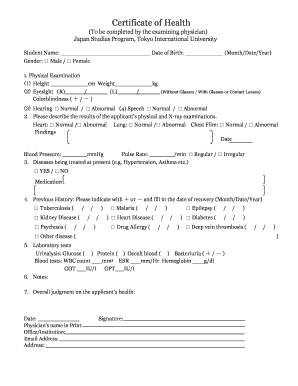 Japan Health Certificate  Form