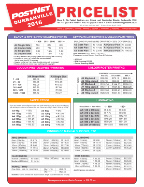 Postnet Price List  Form