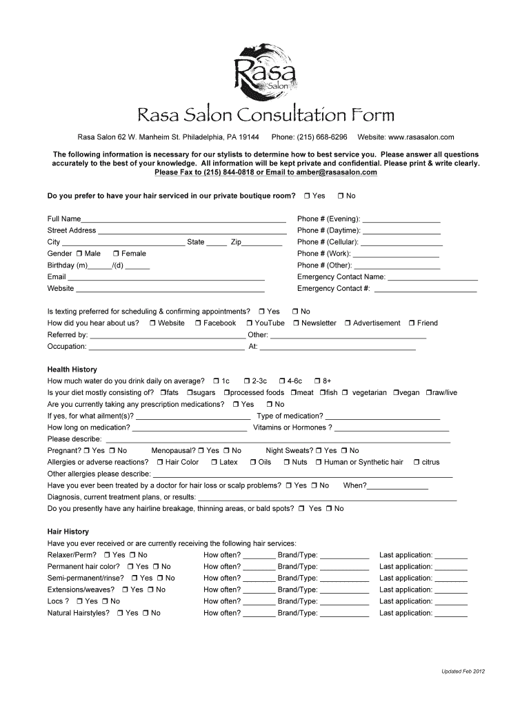  Salon Consultation Form 2012-2024