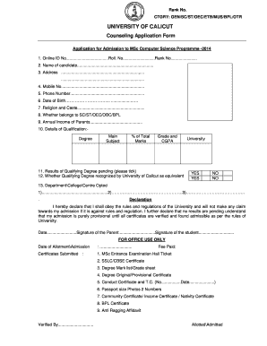 Counseling Application Form University of Calicut Universityofcalicut