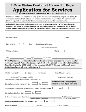 I Care Vision Center at Haven for Hope Application for  Form