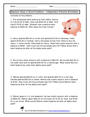 Absolute Value Word Problems Worksheet PDF  Form