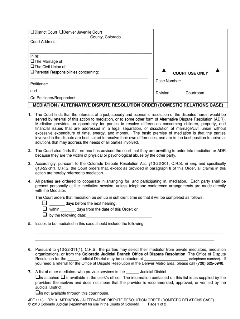 MEDIATION ALTERNATIVE DISPUTE RESOLUTION ORDER DOMESTIC Courts State Co  Form