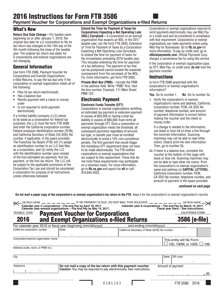  Form 3586  Instructions for Form FTB 3586  Payment Voucher for Corporations Ans Exempt Organizations E Filed Returns 2016