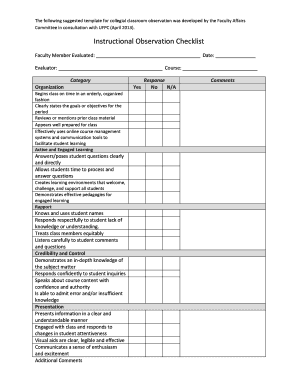 Classroom Checklist Template  Form