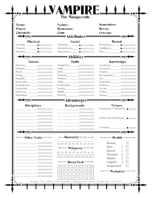 Vampire the Masquerade 2nd Edition Character Sheet PDF  Form
