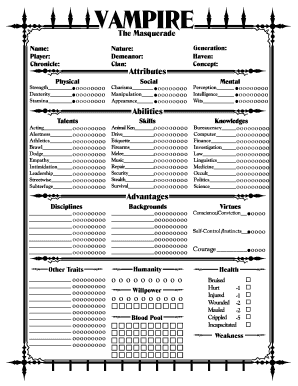 Vampire - The Masquerade - Character Sheet - 4 Page Character