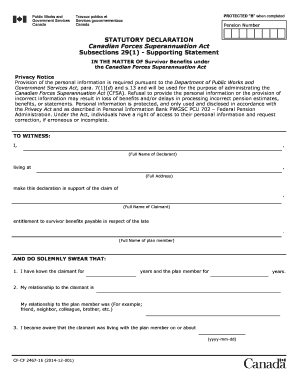 STATUTORY DECLARATION Royal Canadian Mounted Police Superannuation Act Supporting Statement CF FC 2467 1E Tpsgc Pwgsc Gc  Form