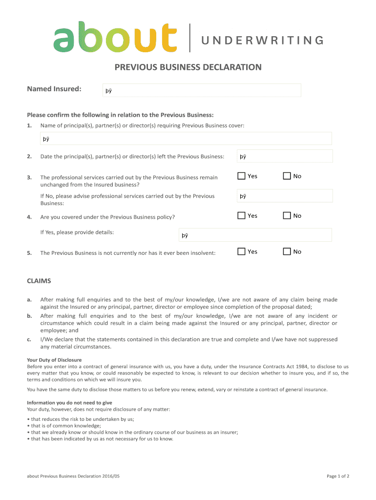 PREVIOUS BUSINESS DECLARATION  Form