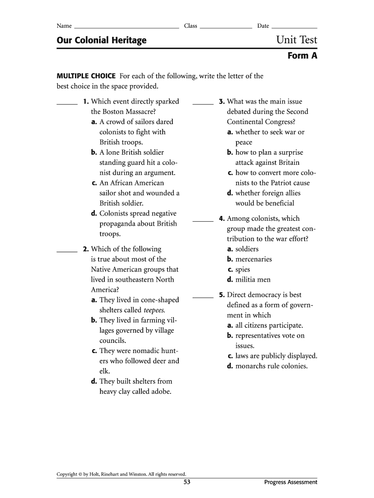 Unit 1 Our Colonial Heritage Answers  Form