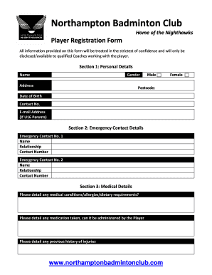 Badminton Registration Form Sample