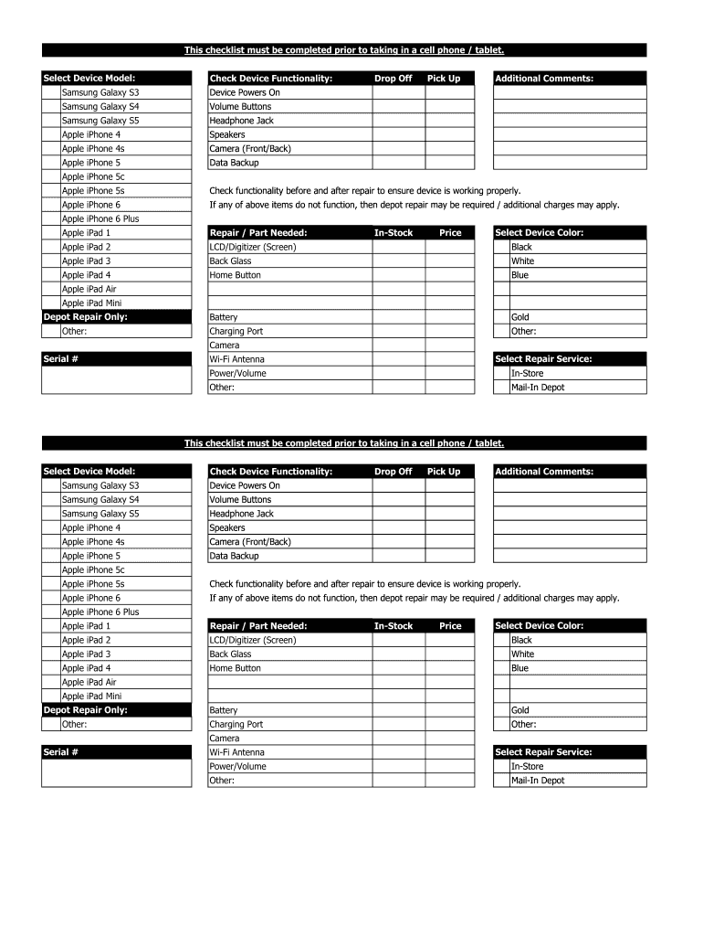 This Checklist Must Be Completed Prior to Taking in a Cell Phone Tablet  Form