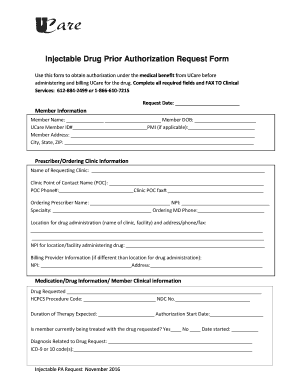  Injectable Drug Prior Authorization Request Form Ucare Org 2016