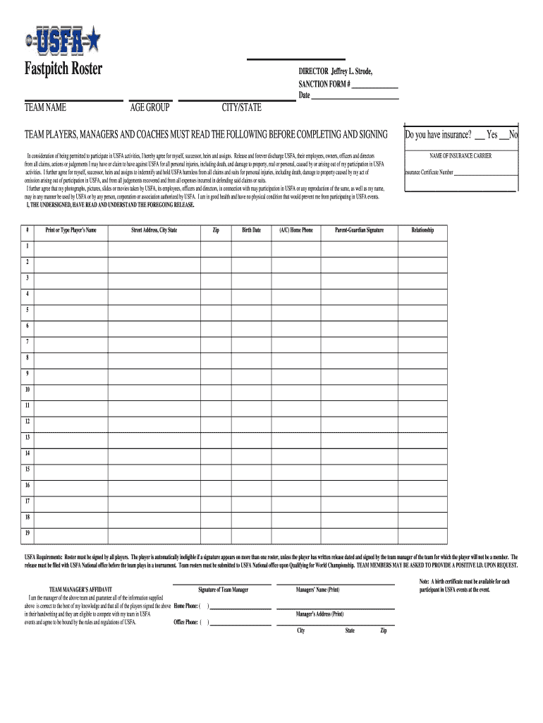 Fastpitch Roster SANCTION FORM Usfatn Com