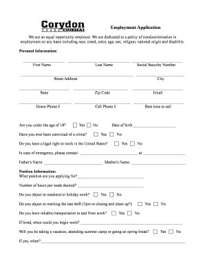 Employment Application Corydon Cinemas  Form