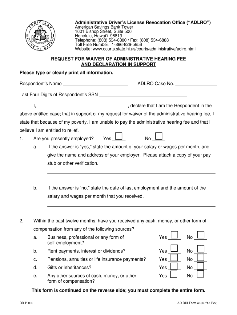 Administrative Driver S License Revocation Office ADLRO Courts State Hi  Form