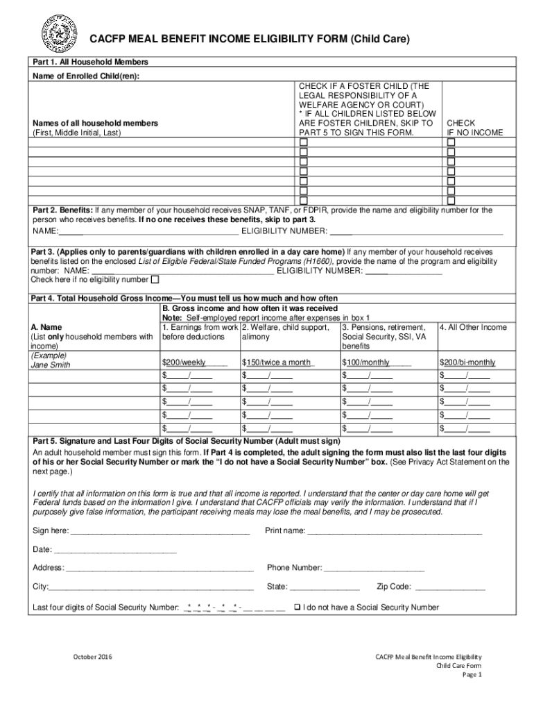  Cacfp Meal Benefit Income Eligibility Form 2016-2024