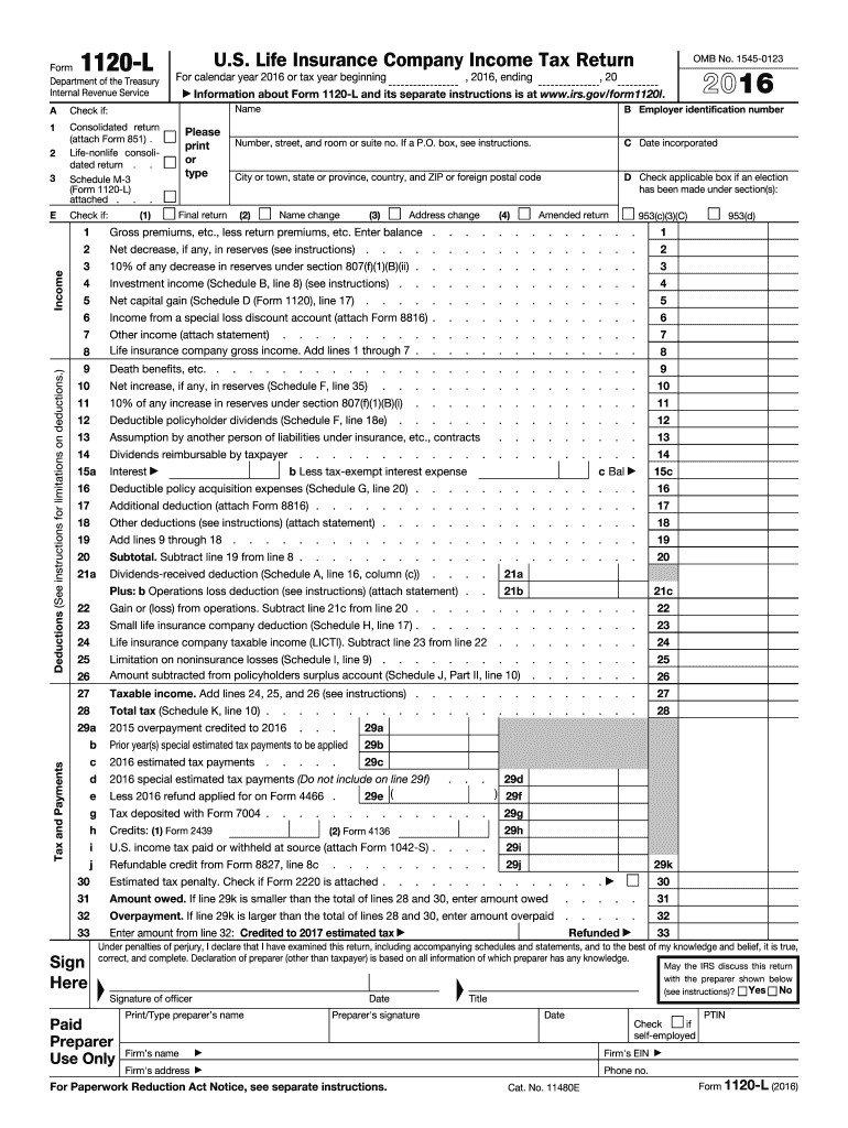  Form 1120 L U S Life Insurance Company Income Tax Return 2016