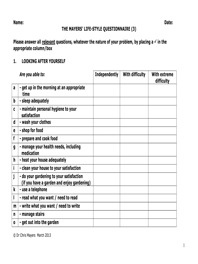 The MAYERS LIFE STYLE QUESTIONNAIRE 3  Form