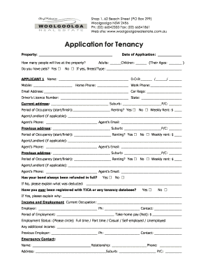 Application for Tenancy Woolgoolga Real Estate  Form