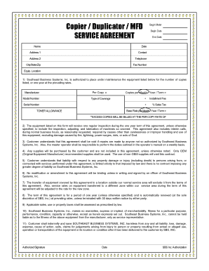 Copier Duplicator MFD Begin Meter SERVICE AGREEMENT  Form