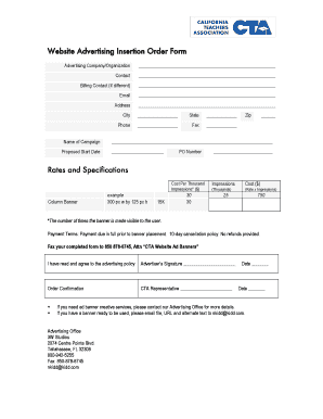 Website Advertising Insertion Order Form Rates and Specifications