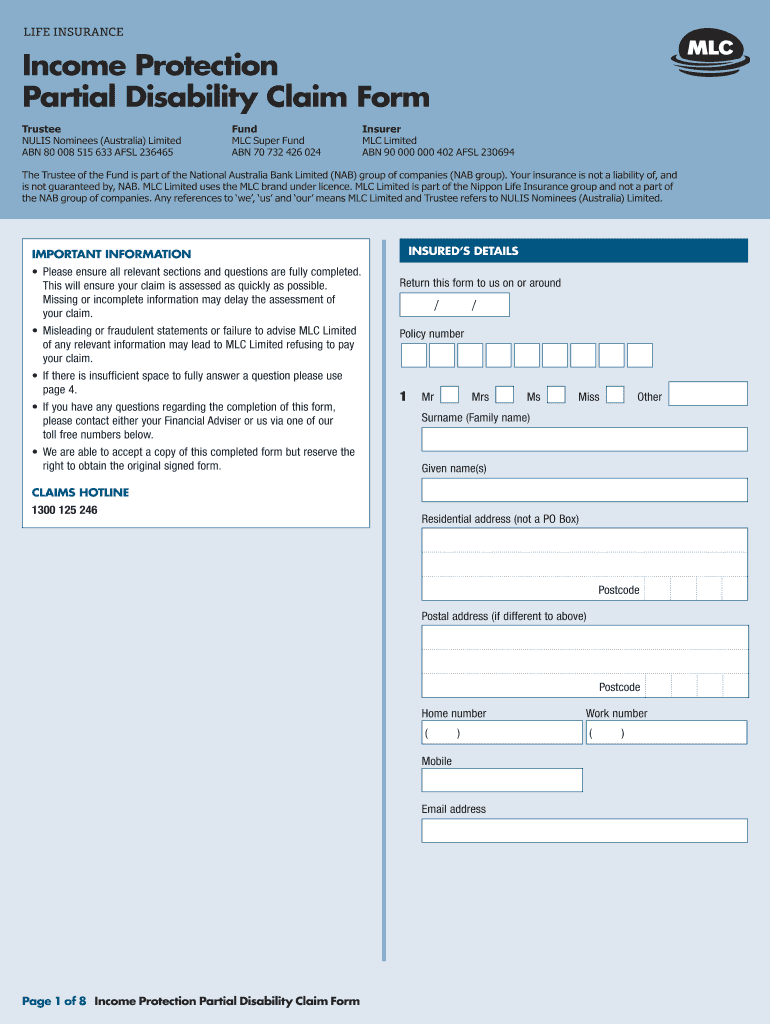  Income Protection Partial Disability Claim Form MLC Mlc Com 2016-2024