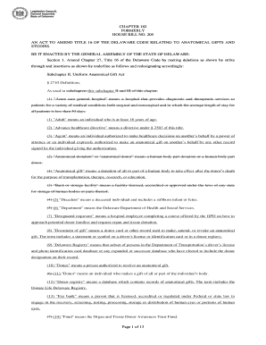 An ACT to AMEND TITLE 16 of the DELAWARE CODE RELATING to ANATOMICAL GIFTS and Delcode Delaware  Form