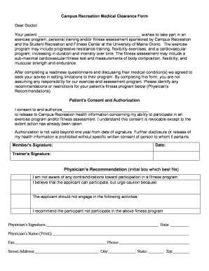 Campus Recreation Medical Clearance Form DOCX Umaine