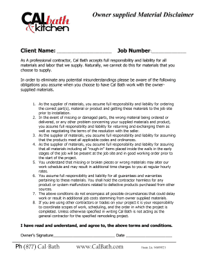 Owner Supplied Material Disclaimer  Form
