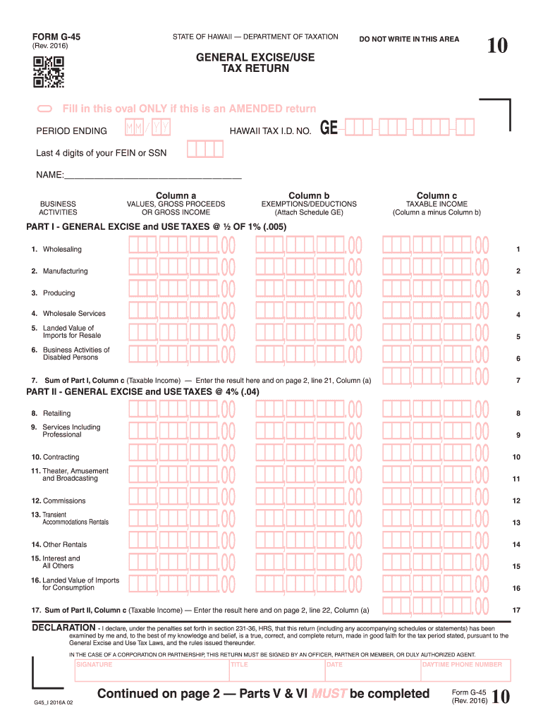  State of Hawaii Tax Form G 45 2016