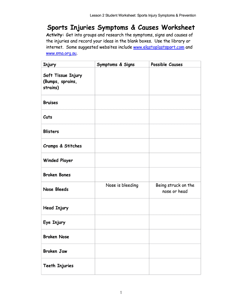 Sports Injuries Worksheet  Form