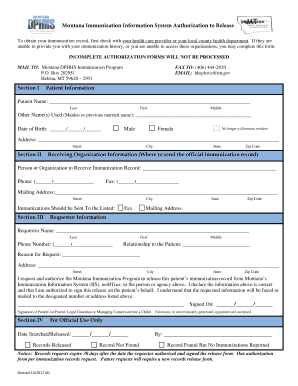 Montana Immunization Information System IIS Authorization to Release Immunization Records Form ImMTrax Record Release Form