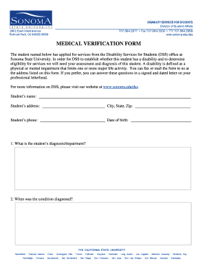 Medical Verification Form Sonoma State University Disability Services for Student