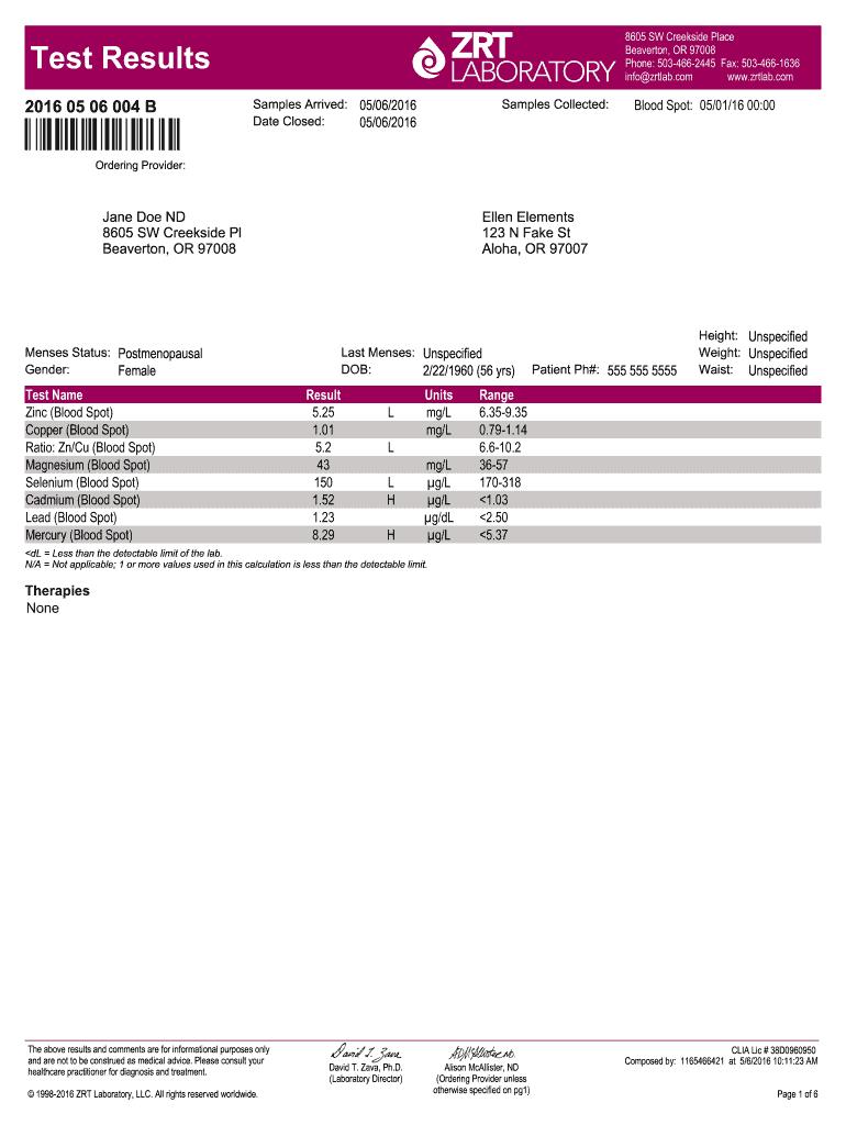 Sample Report Elements Blood Spot Zrtlab Com  Form