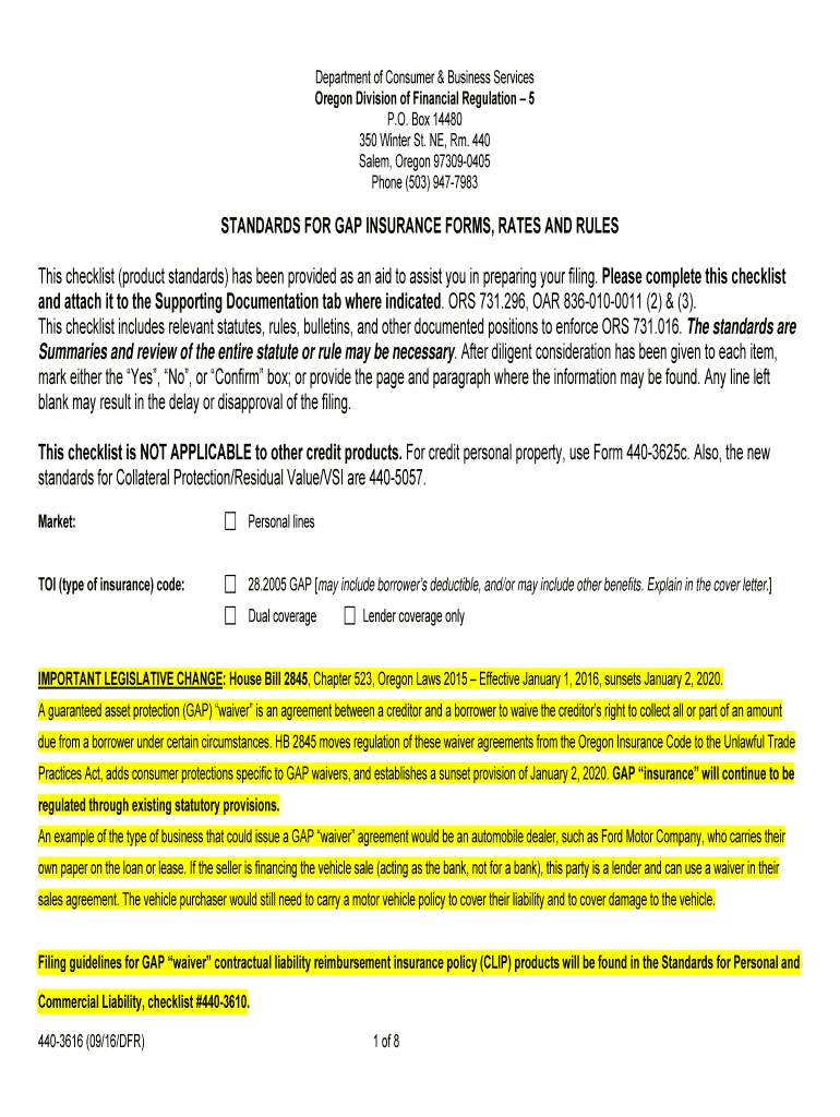 Form 3616, Standards for Gap, Collateral Protection and Residual Value Forms, Rates, and Rules Filing, Form # 440 3616, Rev 405 