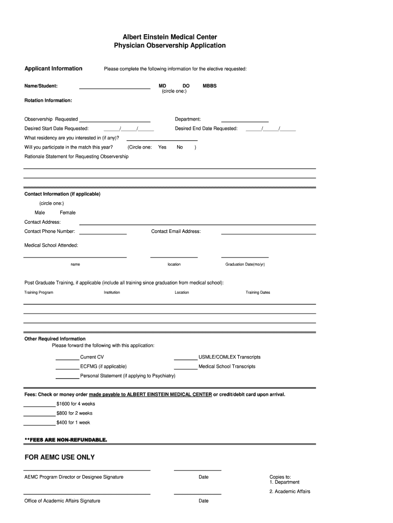 Albert Einstein Medical Center Observership  Form
